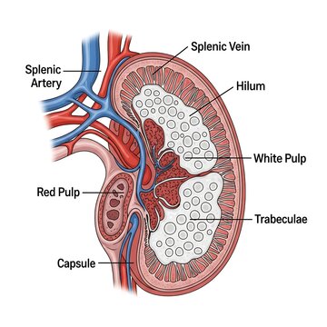 Detailed anatomical diagram of the human spleen structure.