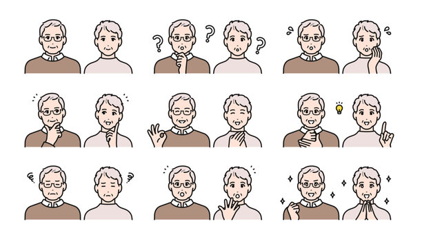 仲良し高齢者夫婦の様々な表情バリエーションセット