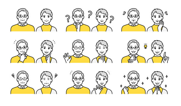 高齢者夫婦の表情アイコンイラストセット素材