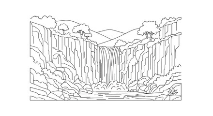 Fototapeta premium Detailed black and white line art illustration of majestic waterfall flowing between steep rocky cliffs under cloudy sky.