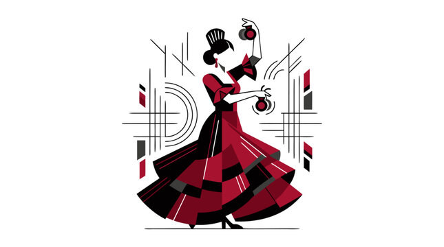 Captivating flamenco dancer illustration in a vibrant red and black dress, elegantly performing with castanets, featuring geometric decorative elements, evoking Spanish culture and passionate artistry