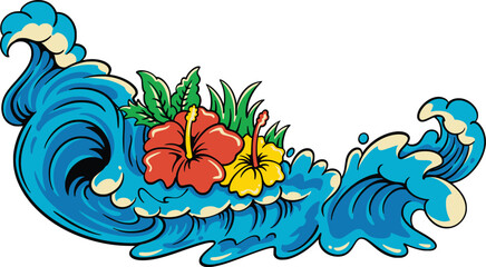 Hand-drawn tropical ocean wave scene with curling blue surf surrounding red hibiscus flowers, green leaves and yellow sand, isolated on white for beach, island, summer, and vacation themes © Galih