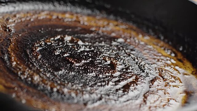 Closeup of a burnt fish fillet cooking in a pan with oil.