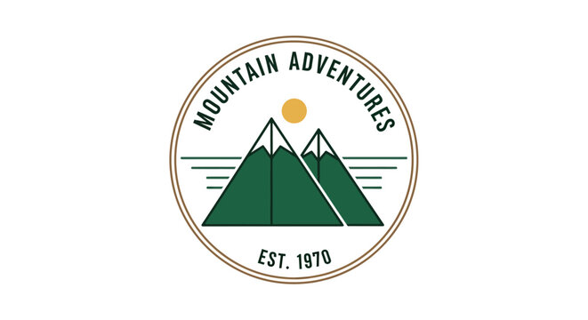 Circular Mountain Adventures 1970 vintage emblem with sun.