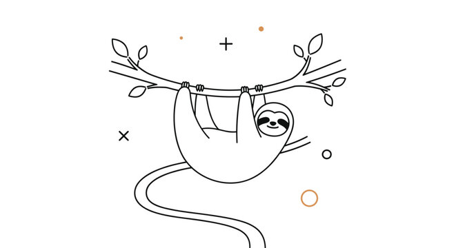 Cute minimalist line drawing of a sloth contentedly hanging from a thin tree branch with leaves on a clean white background for design.