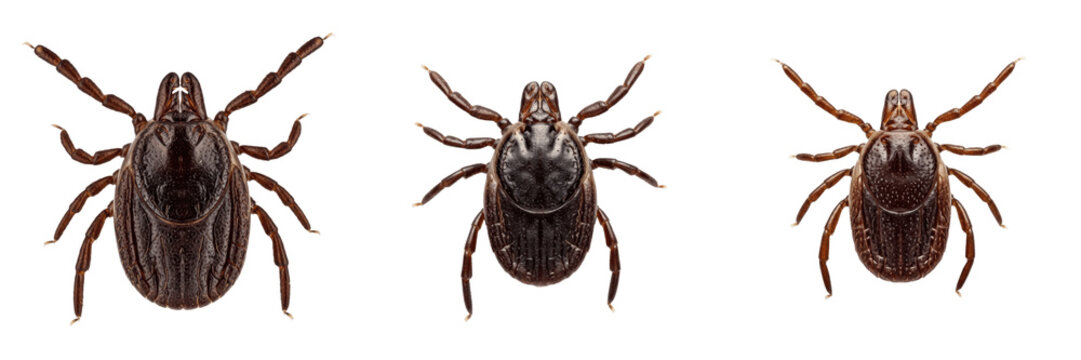 Male tick, Ixodes ricinus, dorsal view perspective, Ixodidae family, complete scutum shield coverage plate, unengorged mating stage, veterinary entomology species identification reference card