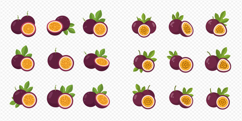 Obraz premium Set of fresh passion fruit with leaves, whole and cut in half, isolated on a transparent background.