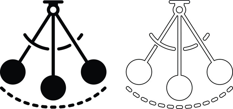 Vector illustration of a swinging pendulum icon representing physics, motion, and gravity, presented in both solid black silhouette and line art outline styles for science design.