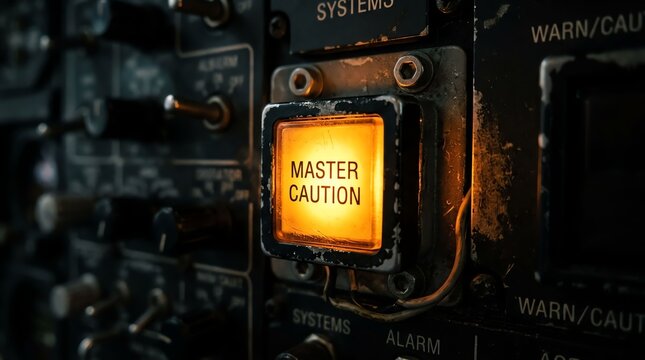 Close-up of a yellow caution button on electronic equipment panel.