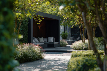 Obraz premium Elegant Scandinavian Villa Exterior Garden Perspective
