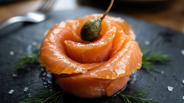 Close-up of smoked salmon rose garnished with caper on dark slate surface.