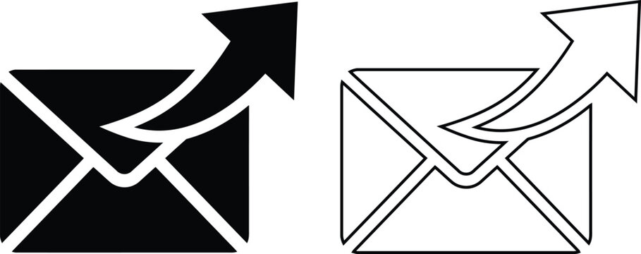 Vector illustration of a send email icon featuring a flat black silhouette and outline envelope with an arrow, symbolizing message dispatch and digital internet communication.