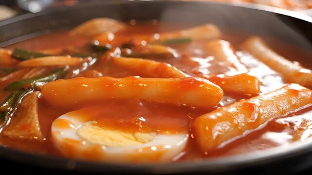 Delicious Korean Tteokbokki Dish with Boiled Eggs and Green Onions in Spicy Sauce.