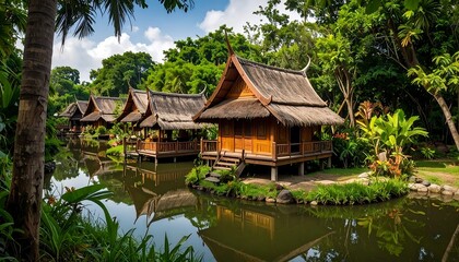 Fototapeta premium Thatched-roof huts stand near a serene, reflective pond, surrounded by lush greenery and trees under a cloudy sky