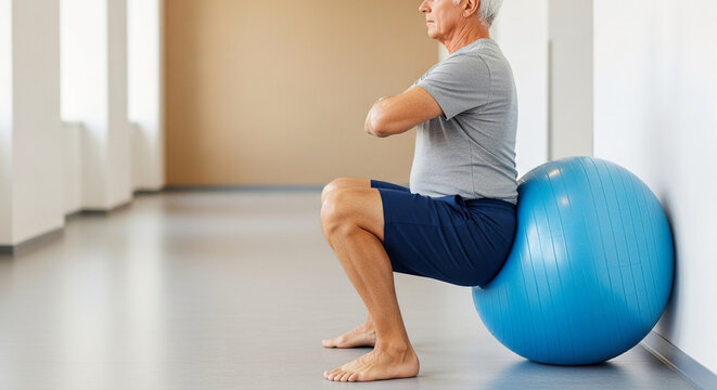 Active Senior Man Doing Wall Squats with a Blue Exercise Ball in a Modern Clinic for Physical Therapy and Core Strength Rehabilitation Training