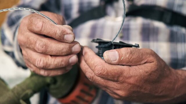 Person manually winding trimmer line onto grass cutter spool for garden maintenance work.