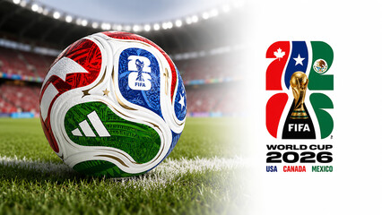 Naklejka premium Official FIFA World Cup 2026 Match Ball on Pitch and official logo of soccer tournament in USA, Canada and Mexico