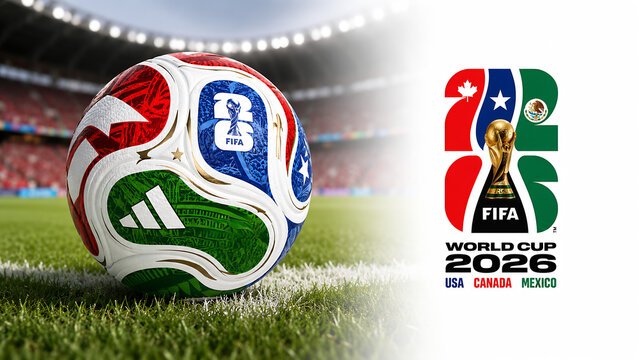 Official FIFA World Cup 2026 Match Ball on Pitch and official logo of soccer tournament in USA, Canada and Mexico