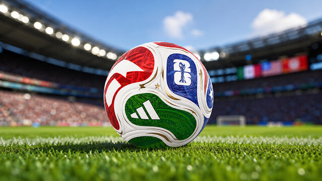 Official FIFA World Cup 2026 Match Ball on Pitch and official logo of soccer tournament in USA, Canada and Mexico