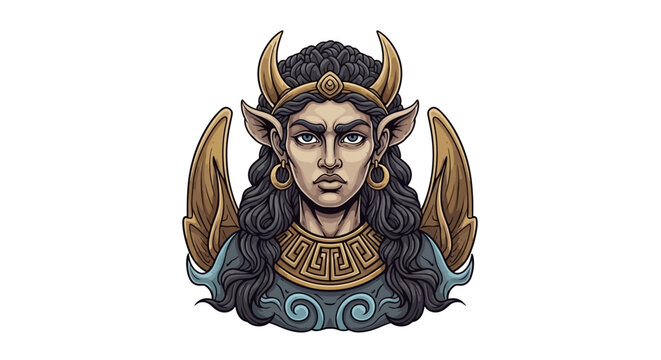 Mythical Creature Portrait, Fantasy Warrior Woman with Horns and Wings