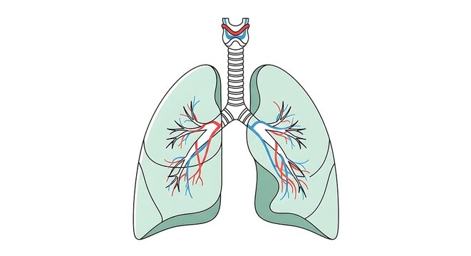 Hand drawn lungs with green bronchial tree illustration.