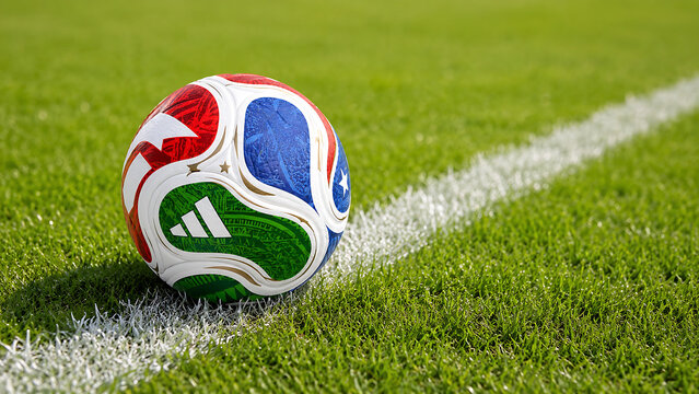 Official FIFA World Cup 2026 Match Ball on Pitch and official logo of soccer tournament in USA, Canada and Mexico