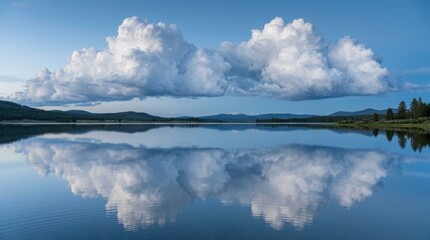 Fototapeta premium Cumulus clouds reflecting in a calm lake at sunset with evening light reflection on water the environment reflection landscape peaceful tranquil