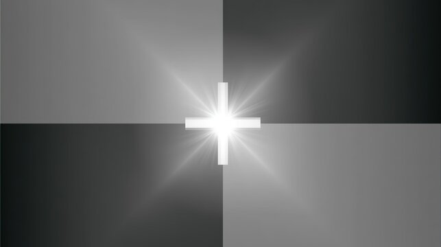 Luminous white cross abstract backdrop on dark gray base, soft glowing halo surrounding radiant light shape, uneven gray tone quadrant layout for spiritual and minimalist graphic design