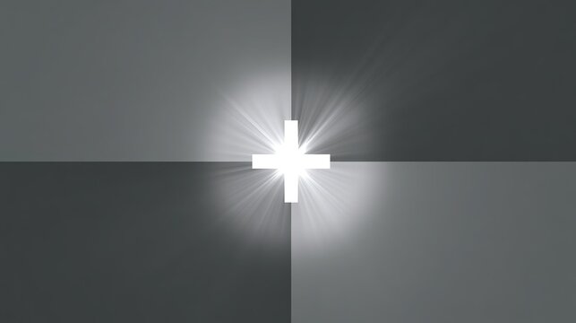 Luminous white cross abstract backdrop on dark gray base, soft glowing halo surrounding radiant light shape, uneven gray tone quadrant layout for spiritual and minimalist graphic design