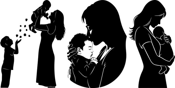 Mother and Children Silhouettes Showing Love and Affection on White Background For Family Concepts