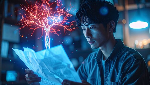 ホログラムのネットワーク状の光が浮かぶ中で原稿を見つめる日本人男性脚本家