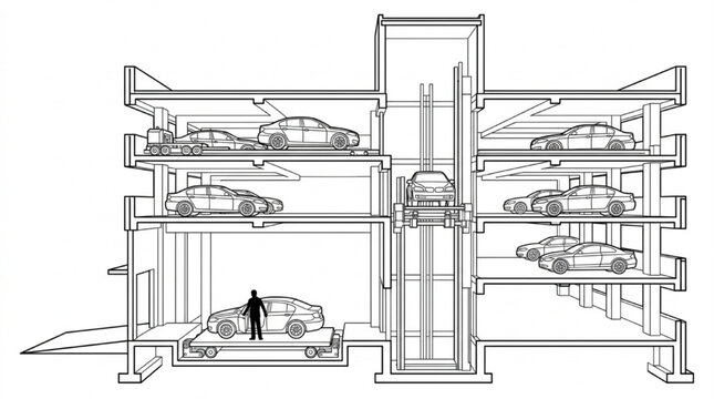 Detailed cross-section illustration of an innovative automated multi-story car parking system with robotic lifts