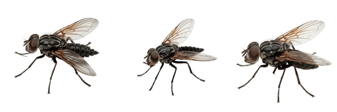 Stable fly, Stomoxys calcitrans, wings spread orientation, Muscidae family, biting fly livestock parasite, piercing proboscis blood feeder, agricultural veterinary disease transmission vector