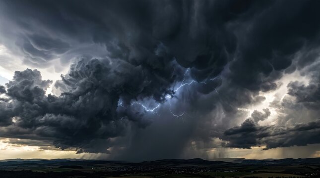 Dramatic storm clouds with lightning strike and rain digital art bad weather heavy rain weather forecast cloud formation weather pattern