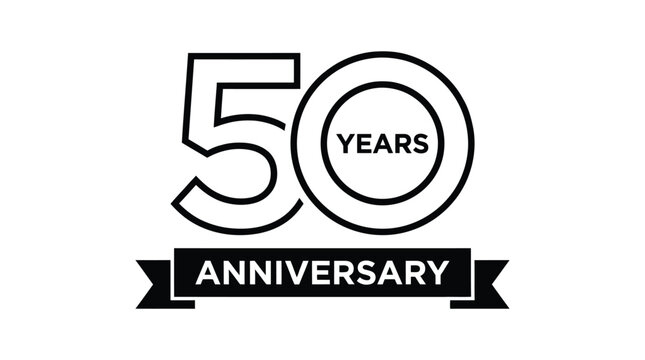 Fifty-year anniversary celebration bold line art logo with a dark decorative ribbon element