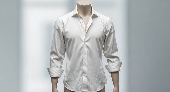Mannequin wearing a classic white dress shirt with rolled up sleeves standing against a blurred light gray wall
