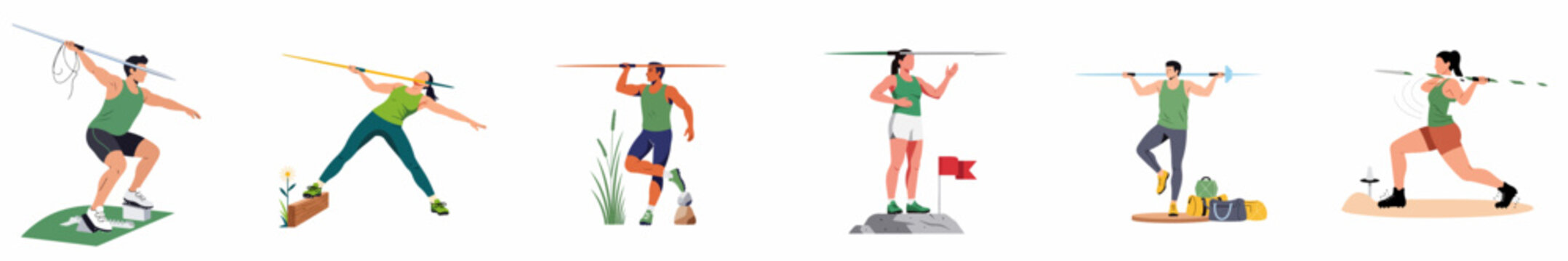 Set of diverse male and female athletes practicing javelin throw, isolated flat vector illustrations on a white background.