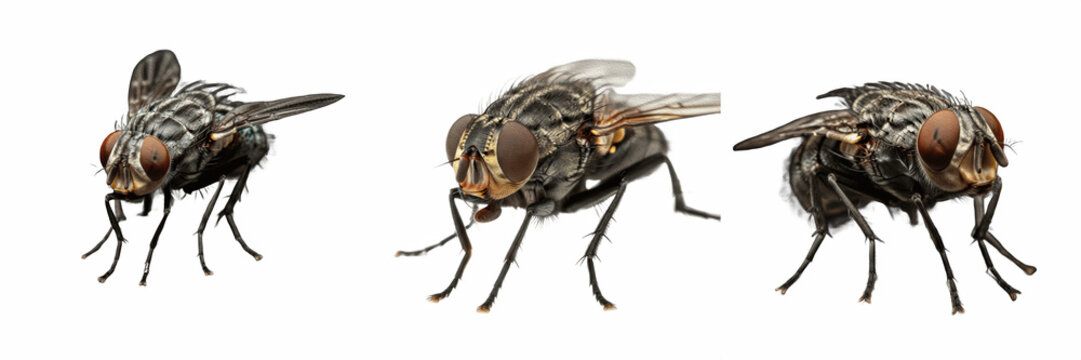 Fly extreme macro, Musca domestica, chitin exoskeleton micro structure, Muscidae family, setal map tactile bristles alignment, focus stacking depth capture, biological entomology research layout