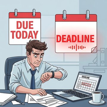 Overwhelmed businessman working against tight deadline.