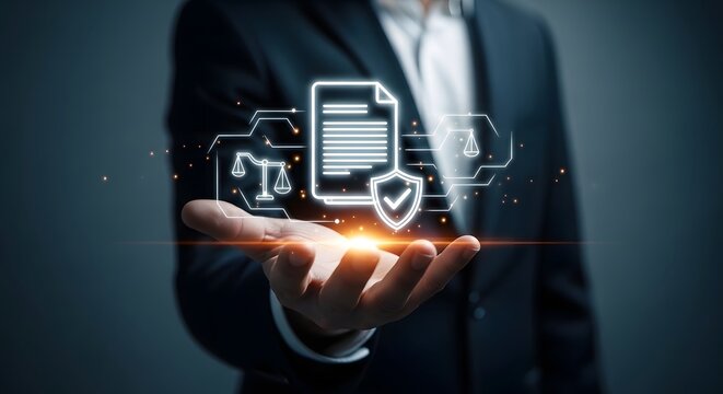 Hand holding glowing document with checkmarks legal compliance and security concept