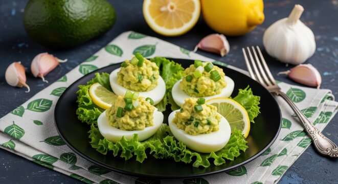 Four delicious avocado deviled eggs topped with scallions served on lettuce with lemon slices