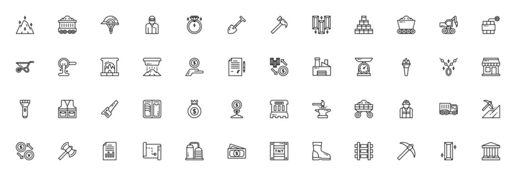 Gold mine icon set. Minimal icons pack. Featuring miner, shovel, hammer, gold ingots, excavator, dynamite, panning, cash, trade, bank, crucible, gold bar, helmet and more. Editable stroke.