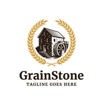 Rustic watermill and wheat wreath logo for bakery or flour mill brands.