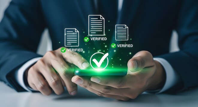 Hand holding glowing document with checkmarks verification approval and digital documents concept