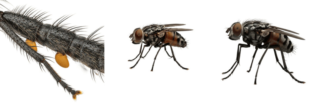 Fly leg detail, Musca domestica, femur tibia tarsal segments magnification, Muscidae family, sensory hair arrangement setules layout, tarsal claws profile, veterinary parasite diagnostics text