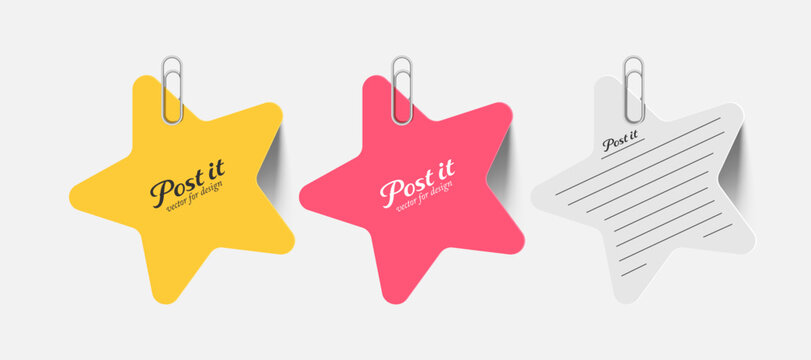 Set of star shaped yellow and pink paper notes or post it and lined notebook paper, held together with paper clips placed on white background with realistic shadow, vector 3d illustration for design
