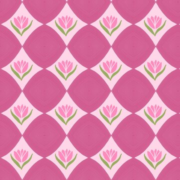 Seamless geometric pattern with cute pink tulip flowers. Elegant mauve and pastel pink argyle checked background for wrapping paper and textile design.
