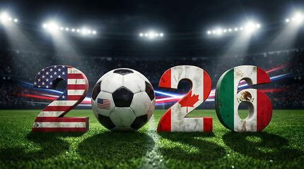 Fototapeta premium The year 2026 written in large 3d numbers with national flags of usa, canada, and mexico on a green soccer field with a soccer ball and stadium lights