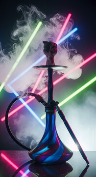 Hookah with vibrant neon lights and smoke a colorful and dynamic sheesha setup for a night out with friends a popular waterpipe for relaxation and socializing.