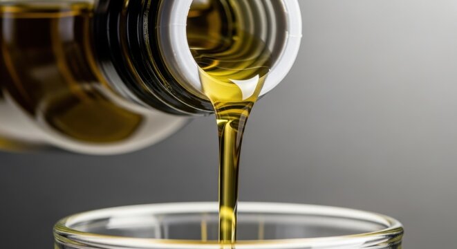 Golden liquid oil pouring into a clear glass dish, highlighting culinary preparation and healthy ingredients.